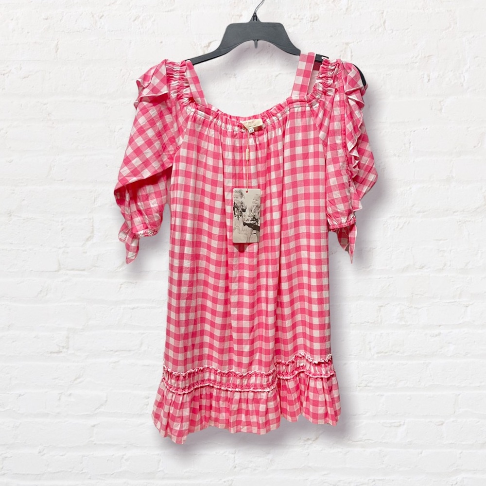 Hannah Banana gingham pink cold shoulder dress girls sz 14